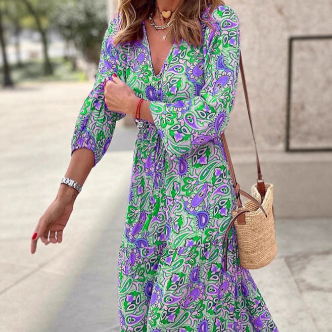 Damen Maxi-Kleid Florales Muster V-Ausschnitt Eveloria