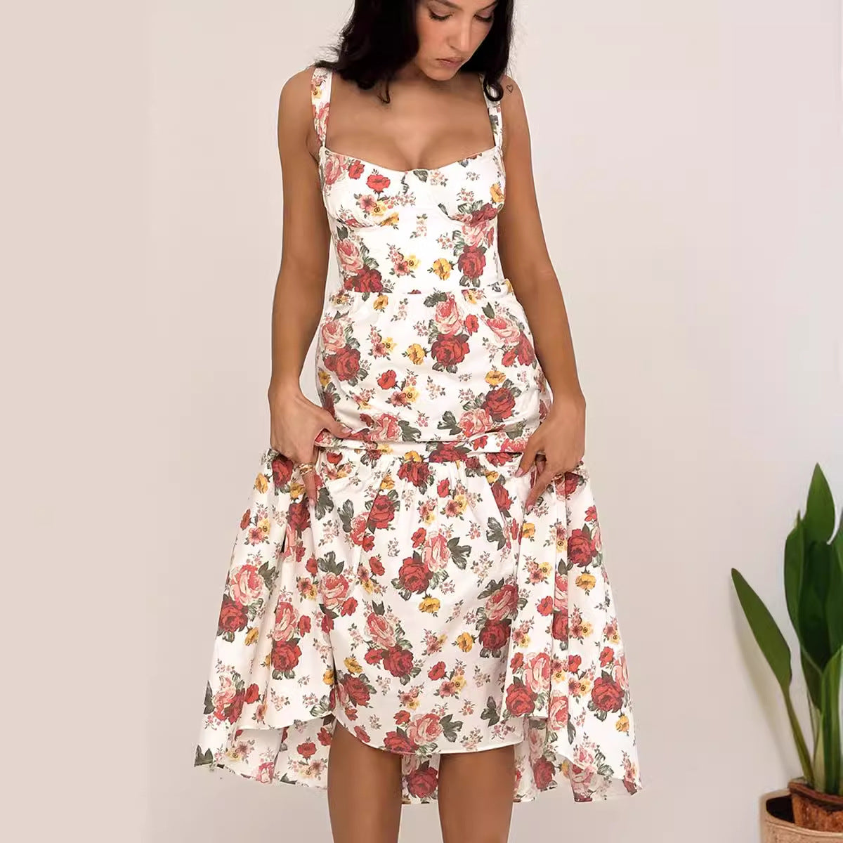 Damen Maxikleid Floral Muster Tailliert