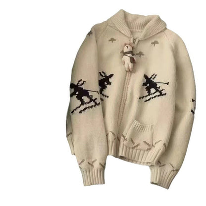 Damen Strickjacke Tiermuster Reißverschluss Kuschelig Grau