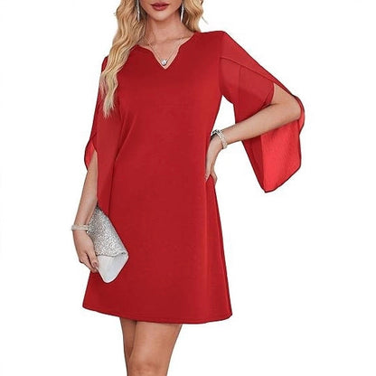 Damen V-Ausschnitt Kleid transparente Ärmel Eveloria