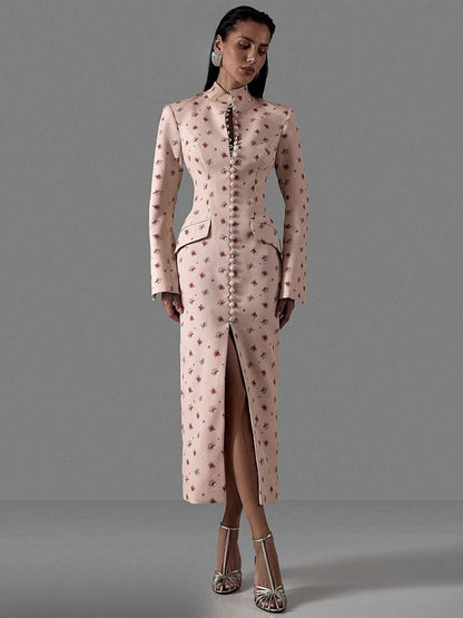 Damen Langarmkleid Florales Muster Hochgeschlossener Kragen