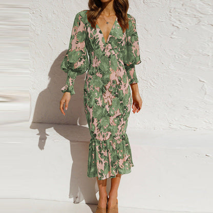 Damen Bodycon Kleid Rüschensaum Blumenmuster