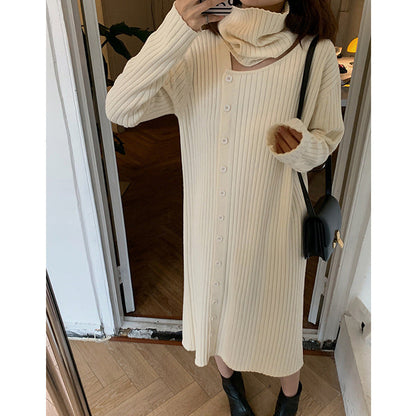 Damen Strickkleid Weiter Rollkragen Durchgehende Knopfleiste