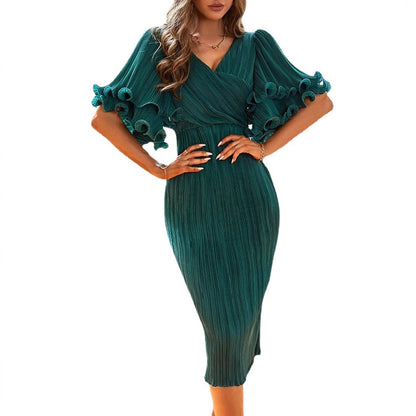 Damen Plissiertes Midi-Kleid V-Ausschnitt Rüschen Säume