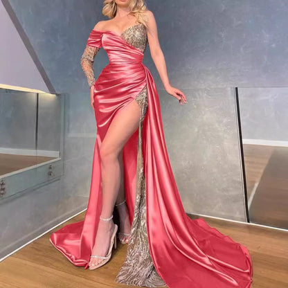 Damen Abendkleid Schimmerndes Oberteil Hochschlitz