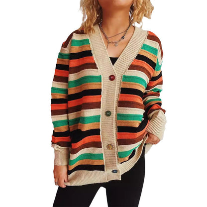 Damen Strickjacke Bunt Streifenmuster Locker Eveloria