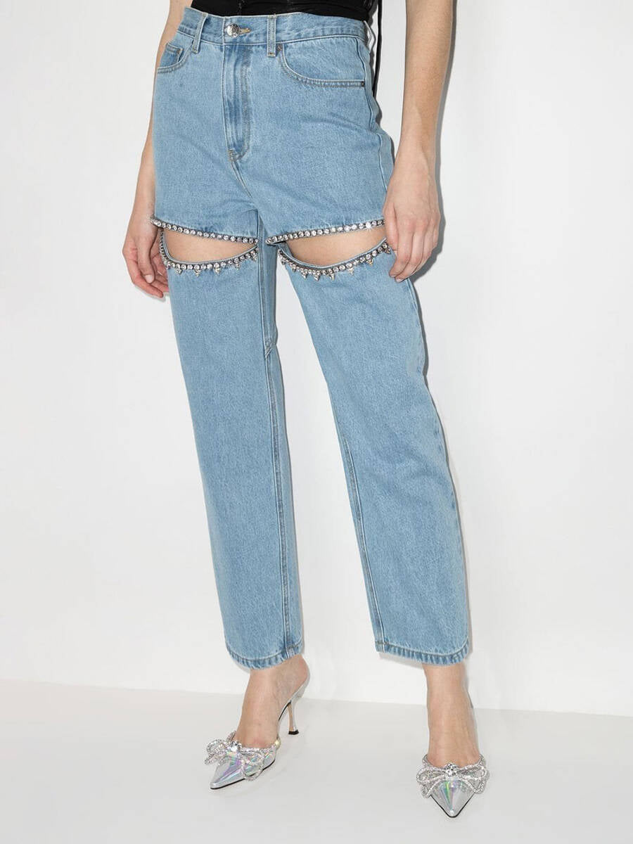 Damen Destroyed Jeans mit Applikationen Glitzer Effekt Eveloria