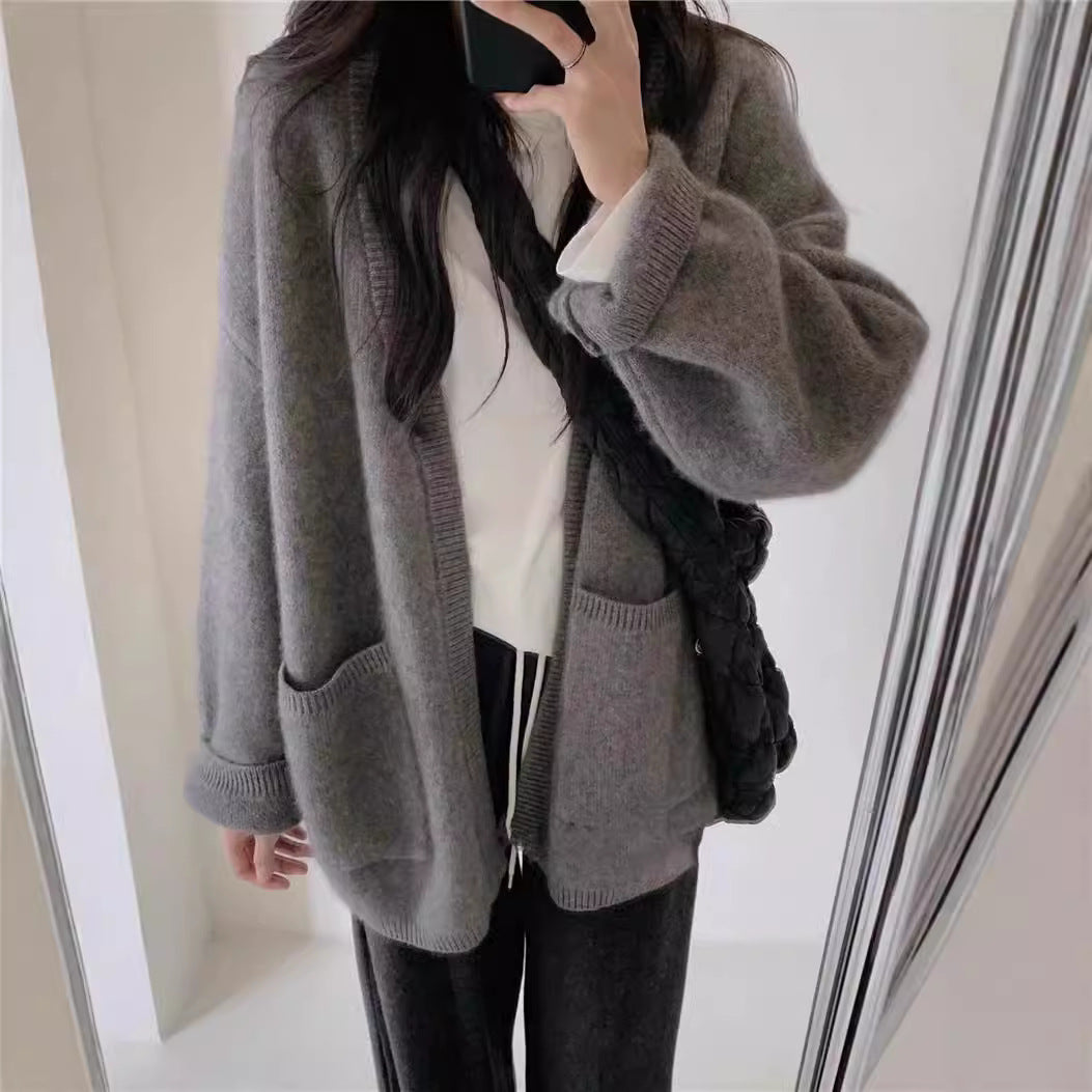 Damen Strickcardigan V-Ausschnitt mit Taschen Grau - Eveloria