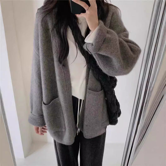 Damen Strickcardigan V-Ausschnitt mit Taschen Grau - Eveloria