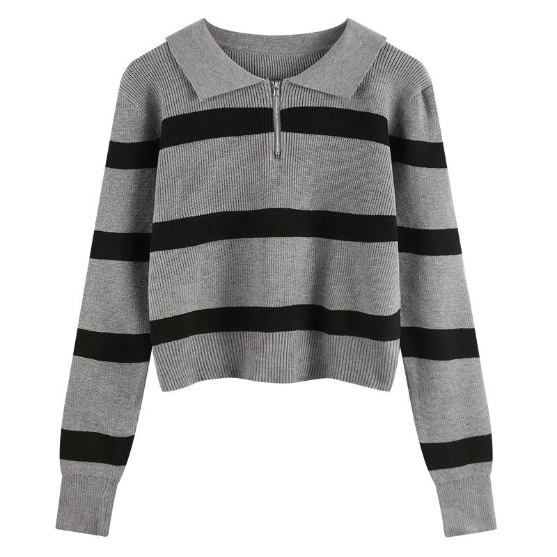Damen Strickpullover Streifenmuster Reißverschluss
