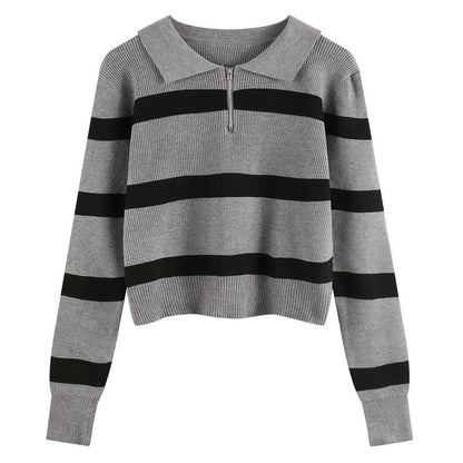 Damen Strickpullover Streifenmuster Reißverschluss