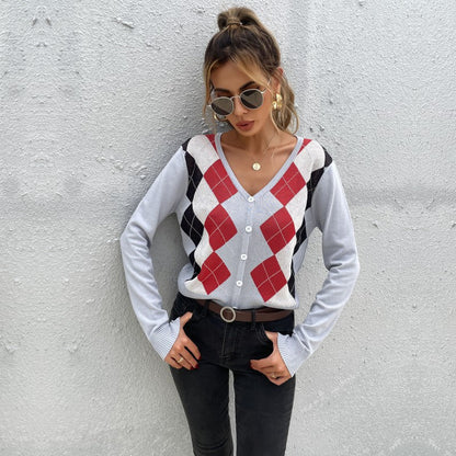 Damen Strickcardigan Rautenmuster Knöpfe Anthrazit