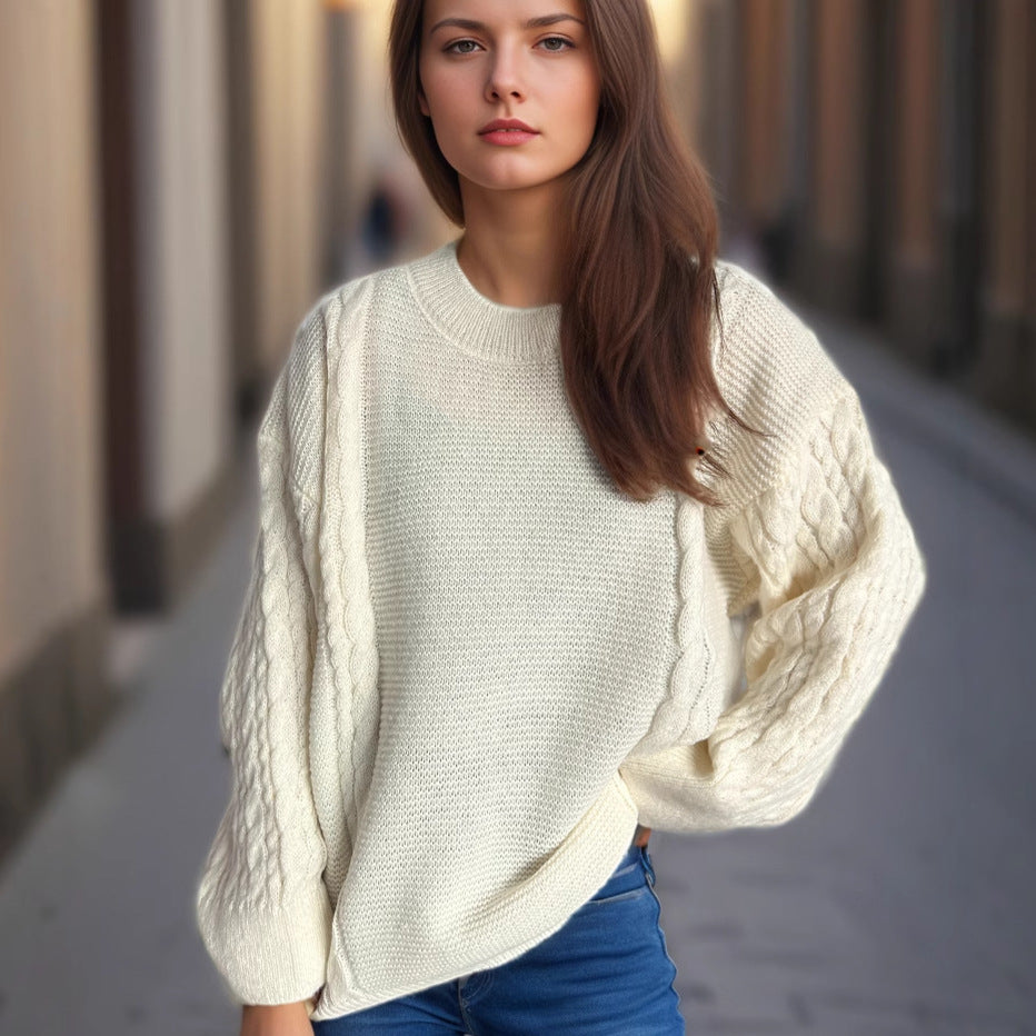 Damen Grobstrickpullover Zopf-Design Voluminöse Ärmel Eveloria