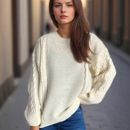 Damen Grobstrickpullover Zopf-Design Voluminöse Ärmel Eveloria