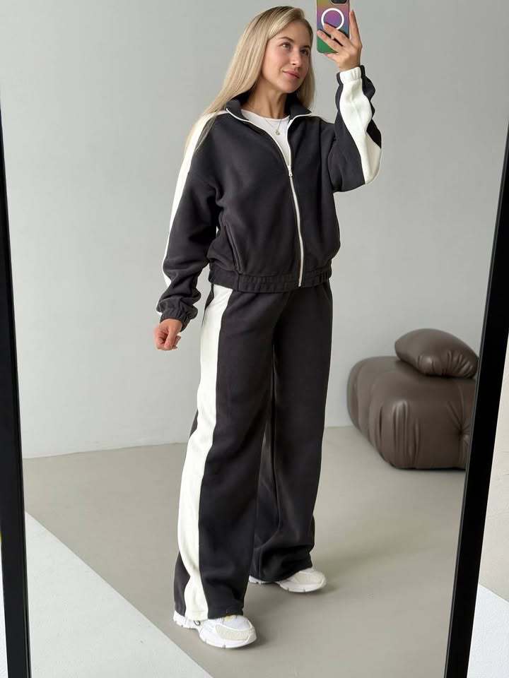 Damen Fleece-Jogginganzug Sportlich Mit Streifen Hocher Kragen