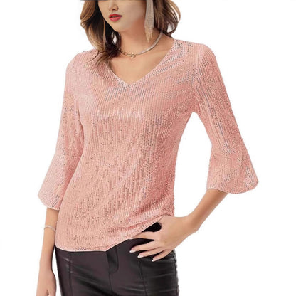 Damen Strickoberteil V-Ausschnitt Glitzernde Akzente Eveloria