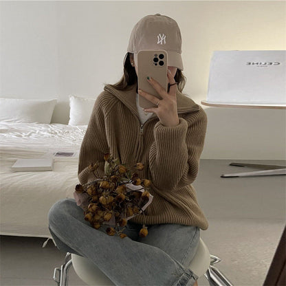 Damen Grobstrickpullover Reißverschluss Hoher Kragen Eveloria