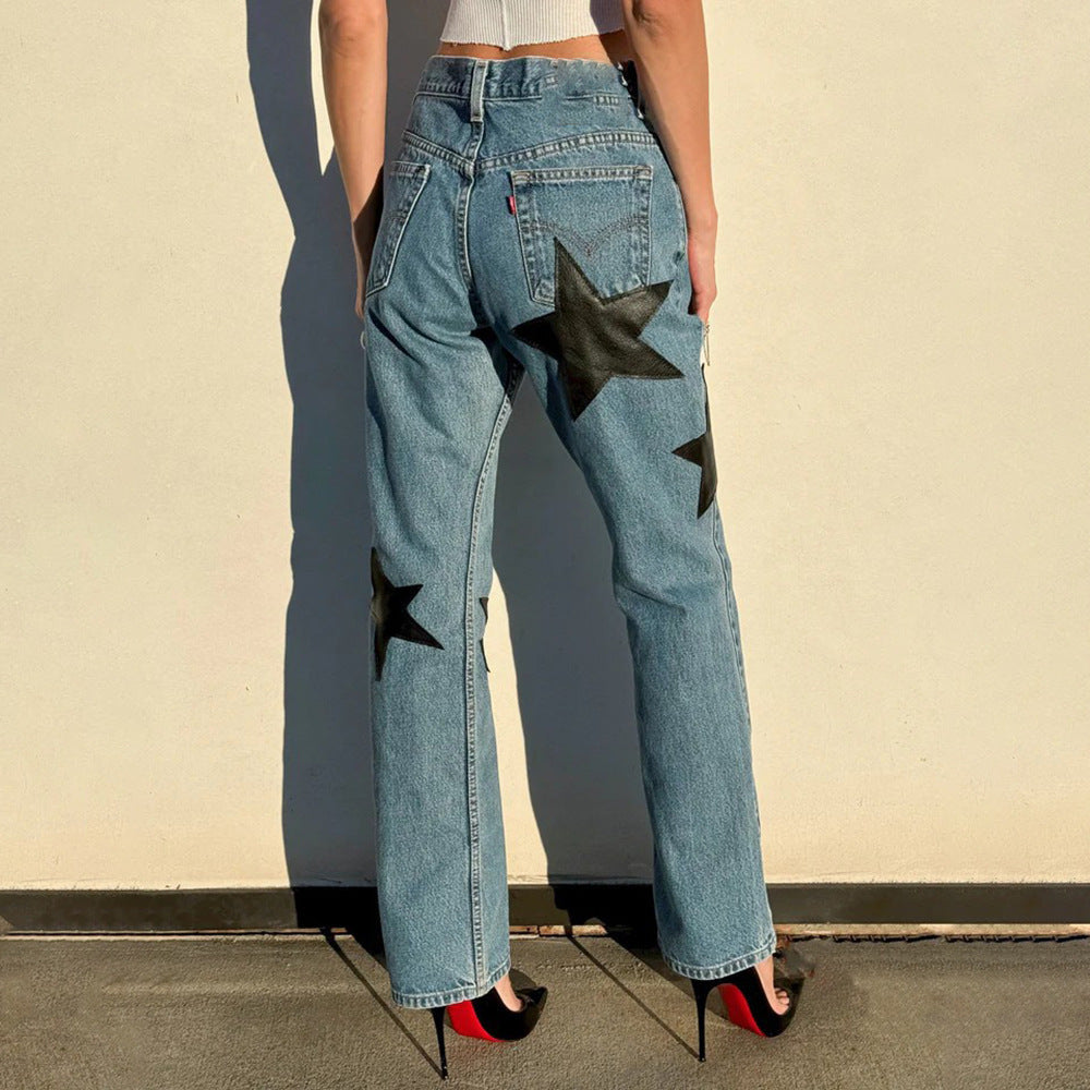 Damen Jeans Modisch Sternen Applikationen Blau Eveloria