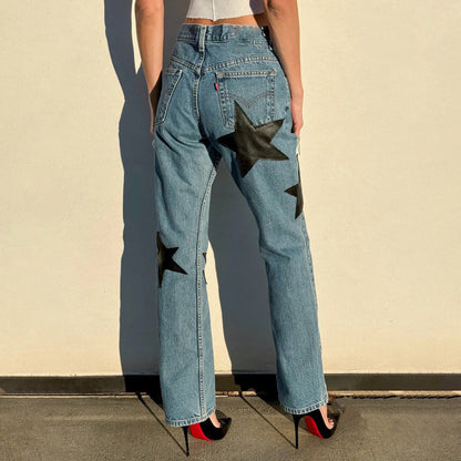 Damen Jeans Modisch Sternen Applikationen Blau Eveloria