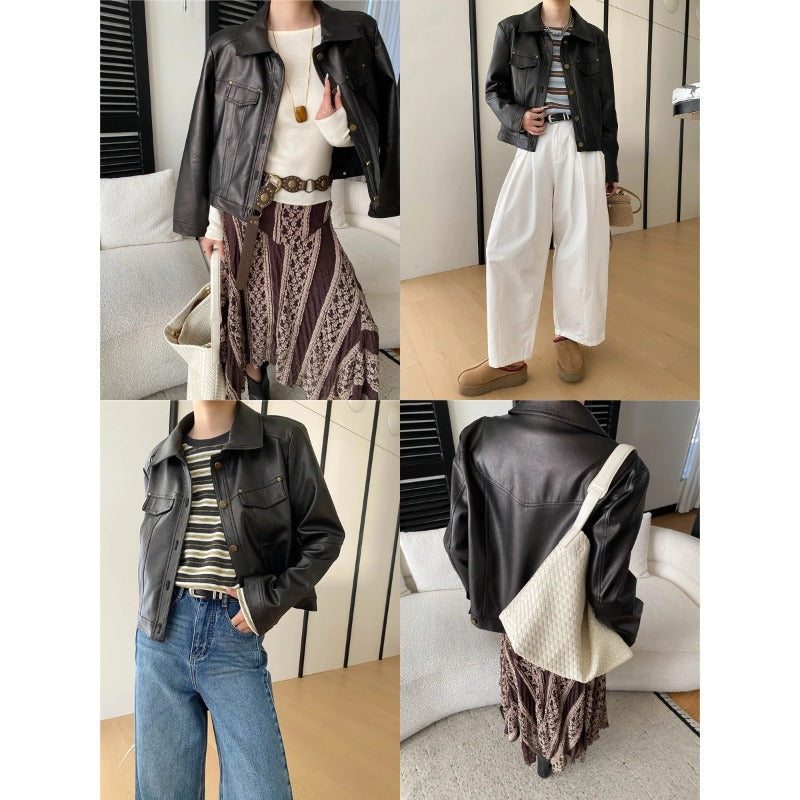 Damen Lederjacke Biker-Stil Kunstleder Doppelkragen