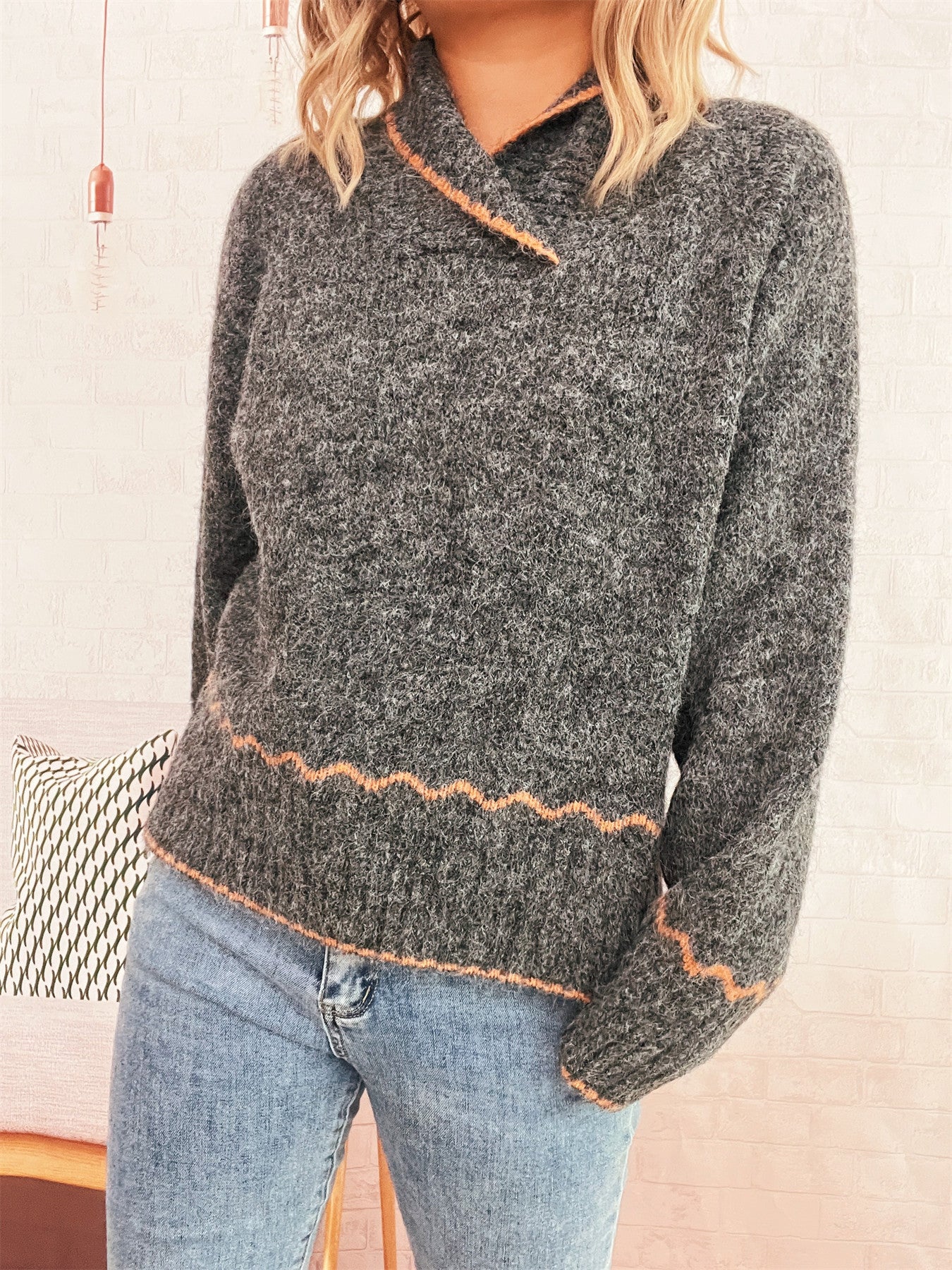 Damen Strickpullover Kuschelfleece Wellenrand