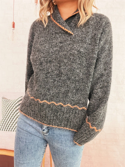 Damen Strickpullover Kuschelfleece Wellenrand