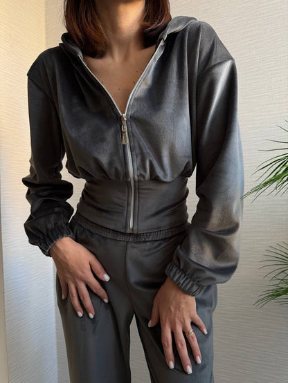 Damen Lounge-Set mit Kapuze Elastischer Bund Grau Eveloria