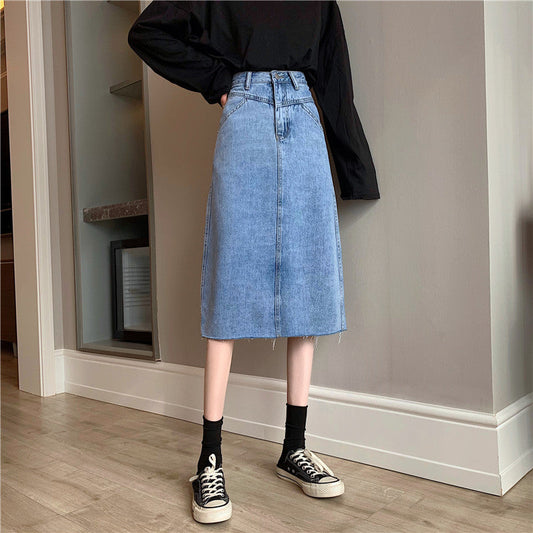 Damen Denimrock Midi unregelmäßiger Saum Blau Eveloria - Eveloria