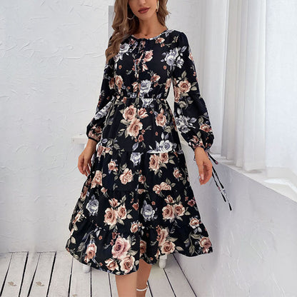 Damen Midi-Kleid Floralmuster Elastisch Schwarz - Eveloria