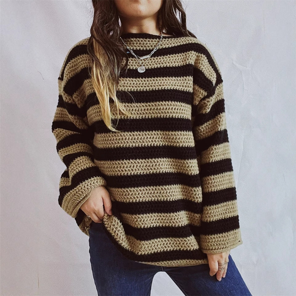 Damen Oversized-Pullover Gestrickt Breites Streifenmuster