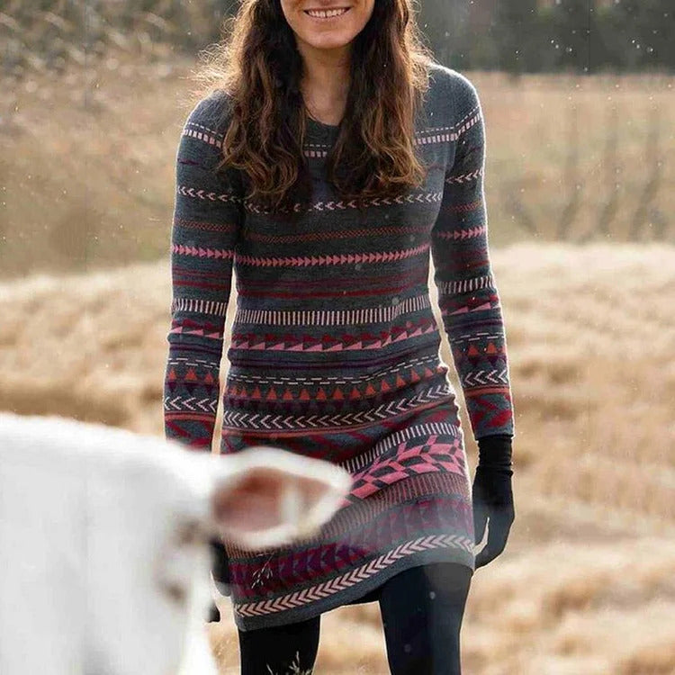 Damen Strickkleid Nordisches Muster Hochkragen Beige