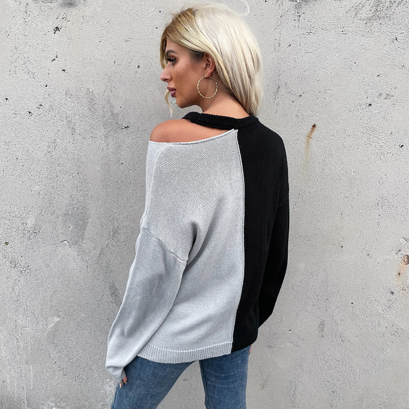 Damen Strickpullover Asymmetrisch Schultercut-Out Kontrastfarben