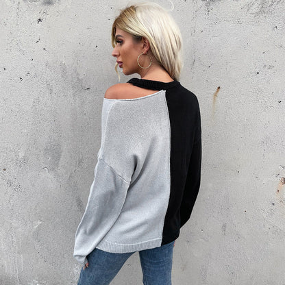 Damen Strickpullover Asymmetrisch Schultercut-Out Kontrastfarben