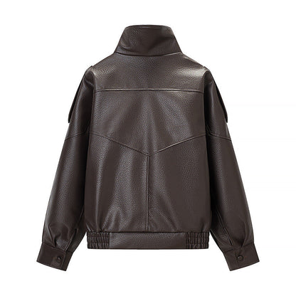 Damen Kunstlederjacke Hochkragen mit Taschen