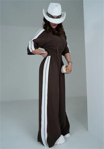 Damen Jumpsuit Lang Taillenbund Kontraststreifen