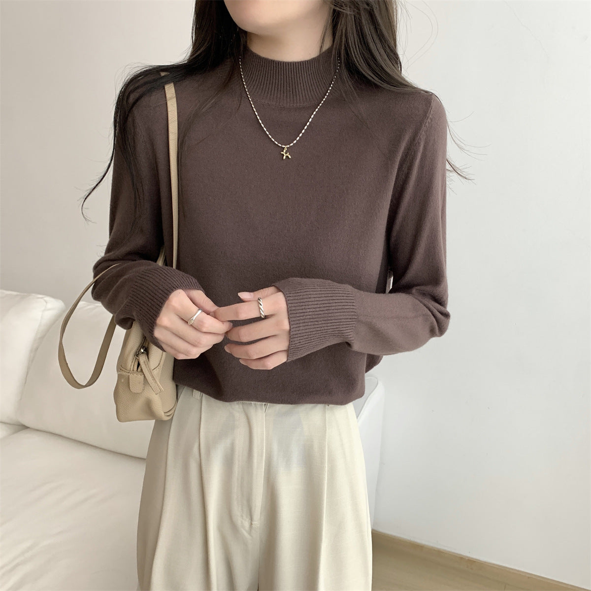 Damen Feinstrickpullover Stehkragen Lässig Eveloria