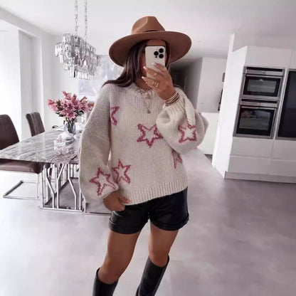 Damen Strickpullover Sternenmotiv Kuschelig Grau Eveloria