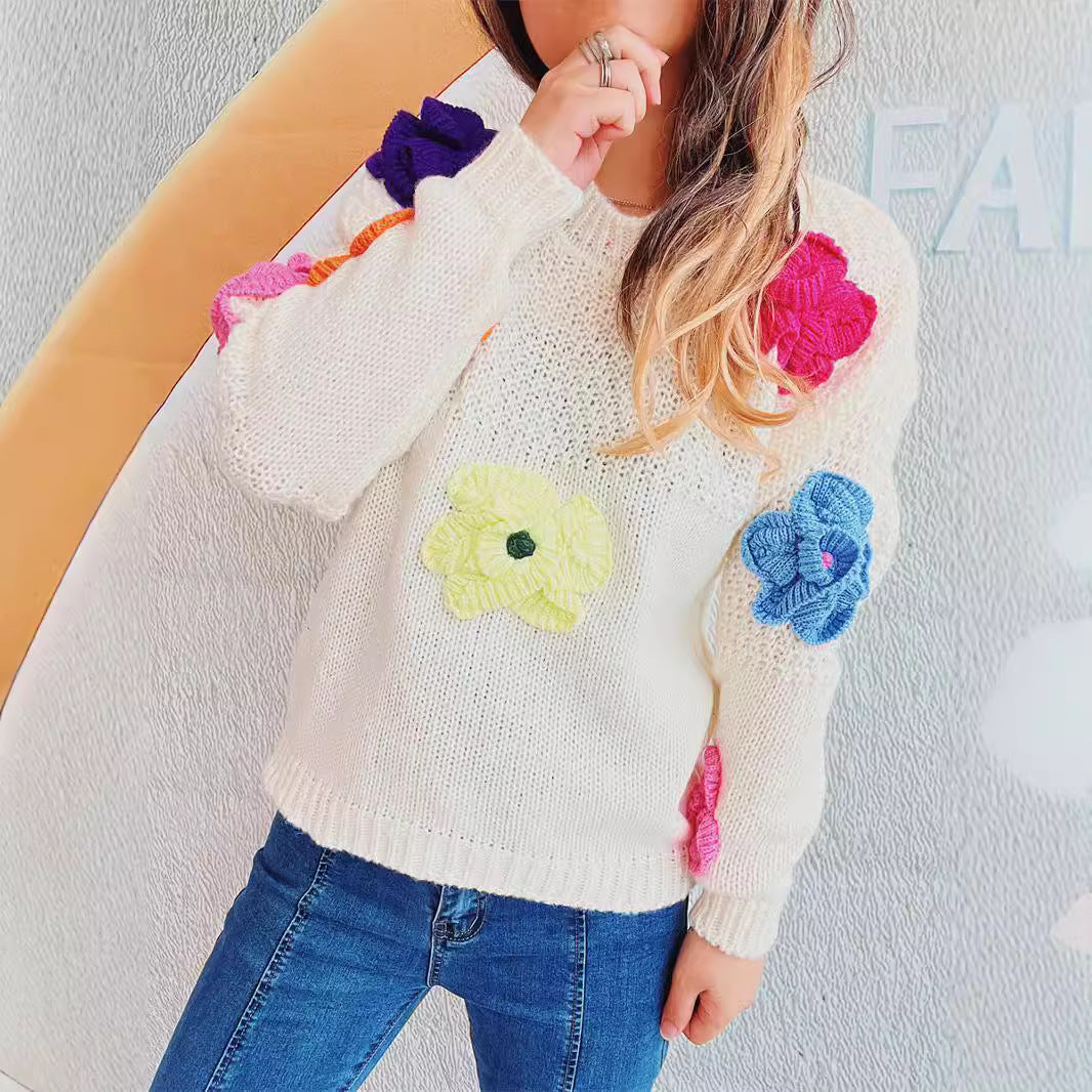 Damen Pullover Bunt Blumenapplikationen Eveloria