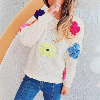 Damen Pullover Bunt Blumenapplikationen Eveloria