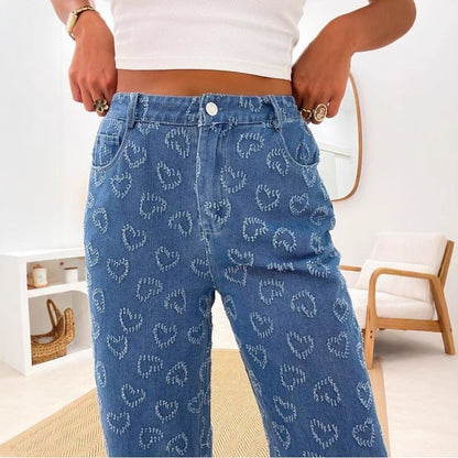 Damen Weite Jeanshose Floralmuster Eveloria