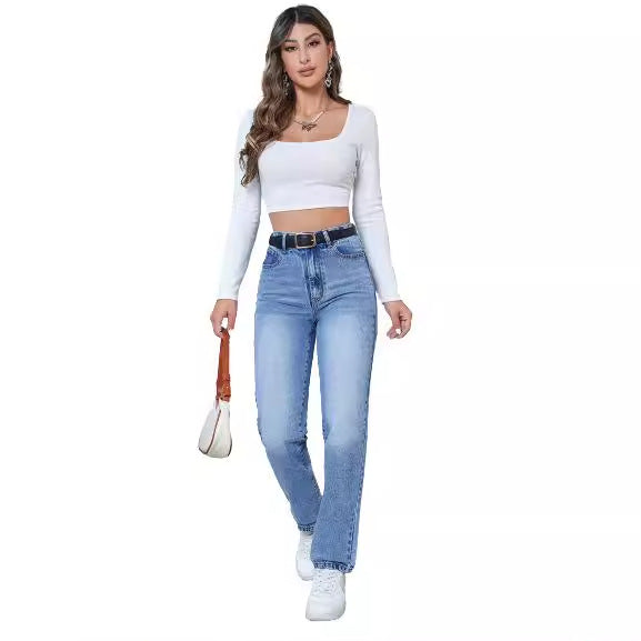 Damen High-Waist Straight-Leg Jeans Eveloria