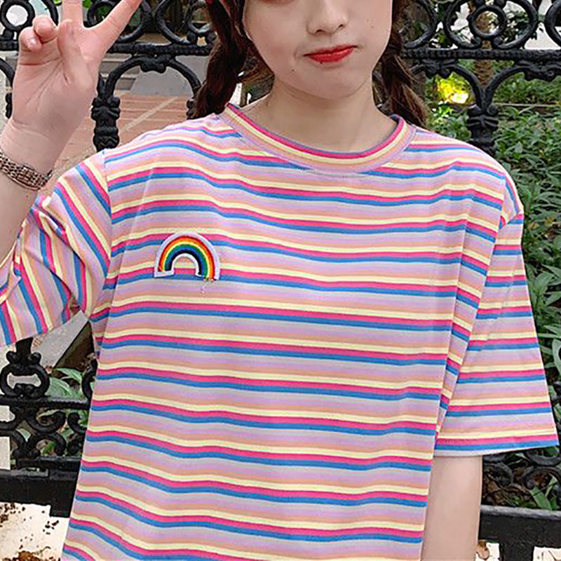 Damen T-Shirt Streifen Regenbogen-Patch Bunt - Eveloria