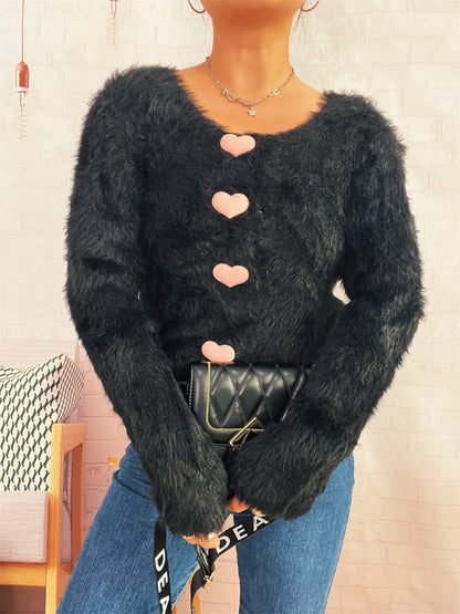 Damen Cardigan Flauschig Herzknöpfe