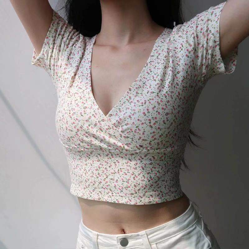 Damen Crop- Floralmuster V-Ausschnitt Elegant