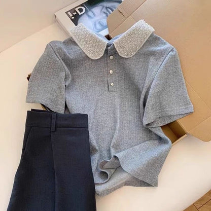 Damen Polo-Shirt Elegant Kragen Weiß
