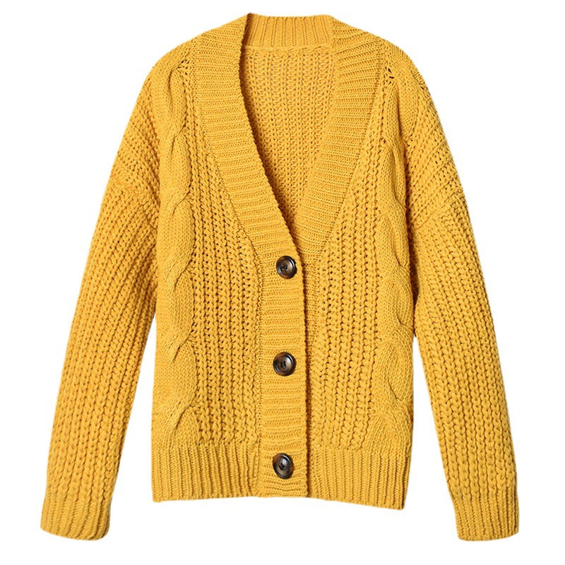 Damen Cardigan Grobstrick V-Ausschnitt Knöpfe Beige