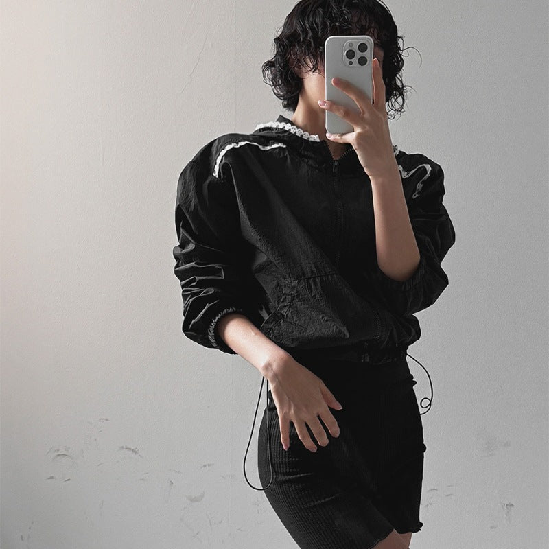 Damen Cropped Jacke Verstellbarer Kapuzenkragen Eveloria