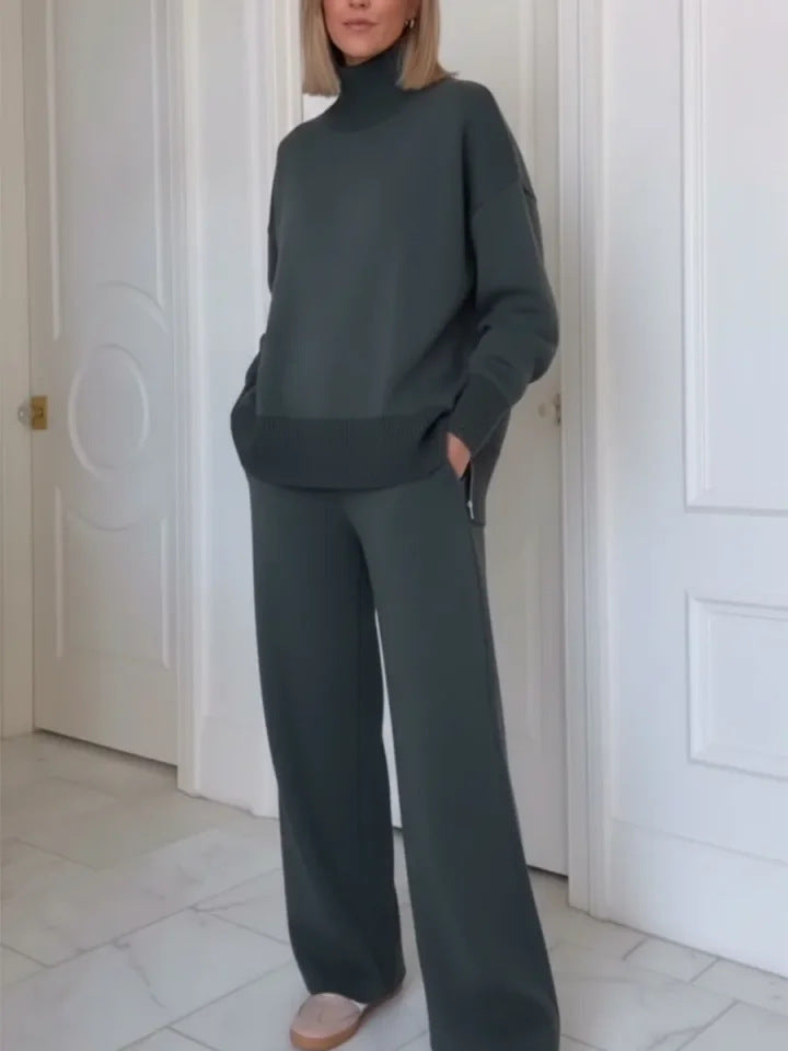 Damen Strick-Loungewear-Set Hochgeschlossener Pullover Weite Hose