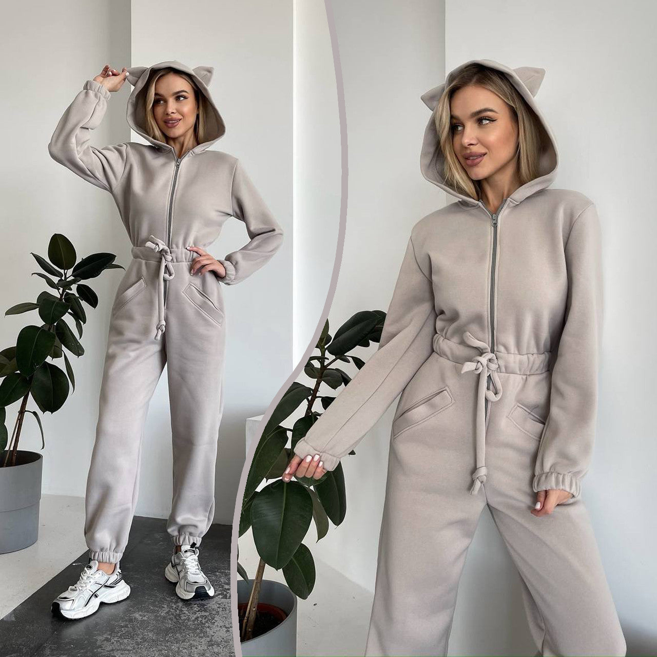 Damen Jumpsuit Kuschelig Känguru-Taschen Tierohren Grau