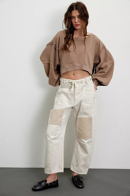 Damen Cropped Sweatpullover Weite Ärmel Grau Eveloria